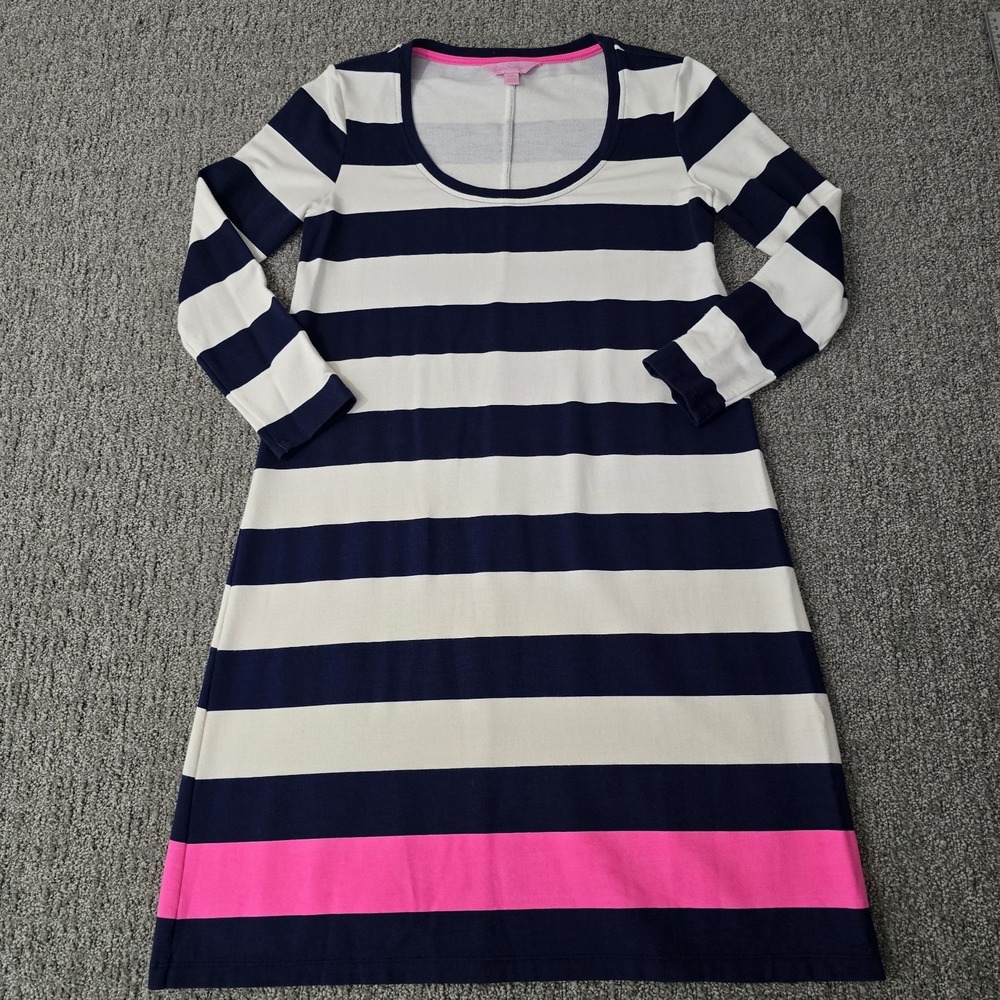 Lilly Pulitzer XS Navy White Stripe Pink Hem Long Sleeve Knit Shift Dress